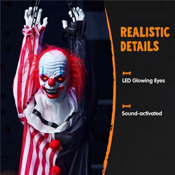 JOYIN 65" Halloween Hanging Scary Clown Decorations with Chain, with LED Lights - Picture 4 of 7